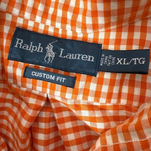 Ralph Lauren Custom Fit Sz XL Long Sleeve Shirt Orange White Check - Picture 2 of 6